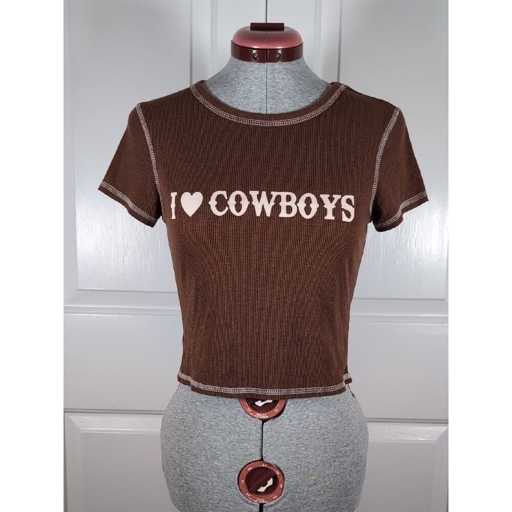 Chocolate Brown I Love Cowboys Baby Tee - Y2K Western Aesthetic Graphic Crop Top